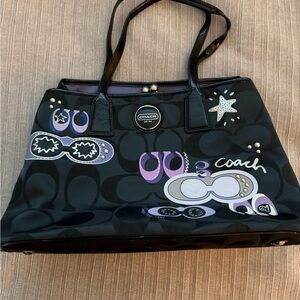 Coach Black Signature Tote with Purple and Lavender Patch Accents
